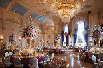 Describe the meticulous process of decorating a grand ballroom for a royal gala, including the choice of colors, fabrics. church