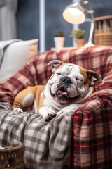 A cute bulldog nestled in a plaid armchair waiting for its owner.
