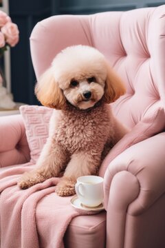 a nice pink poodle, nestled in an armchair, waiting for its owner.