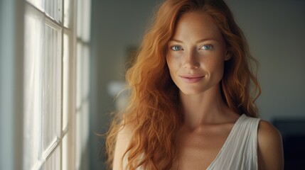 Fototapeta premium Beautiful happy ginger woman in loose home clothes at the window. Portrait of a smiling lady. Feminine beauty.