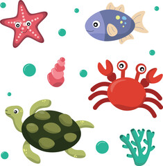 Naklejka premium sea animals and fish set vector illustration