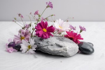 Floral arrangement with blossoms on stones against a white backdrop. Generative AI