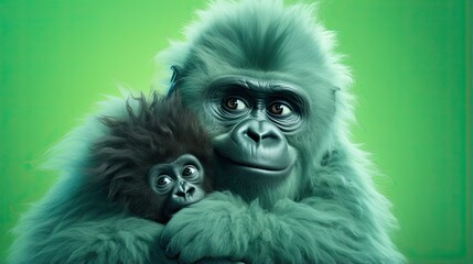  a gorilla holding a baby gorilla in its arms on a green background.  generative ai