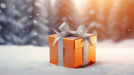  an orange gift box with a silver bow in the snow.  generative ai - obrazy, fototapety, plakaty