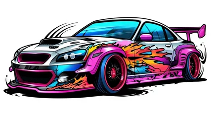 Poster  a colorful car with flames on the front and side of it.  generative ai © Jevjenijs