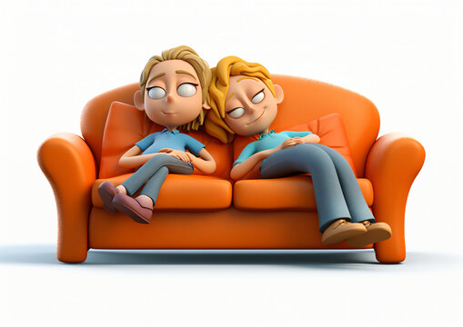 3d Cartoon Man And Woman Sleeping On Sofa Isolated On White Background