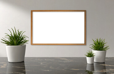empty wooden frame mockup with a marble table and aloe vera plants