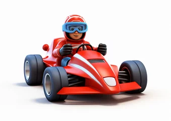 Poster 3d cartoon man driving racing car isolated on white background © Jasmin
