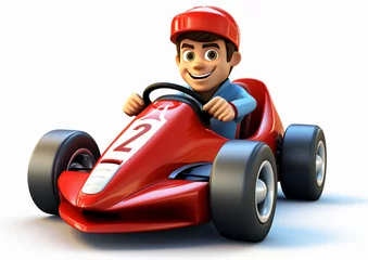 Foto op Plexiglas 3d cartoon man driving racing car isolated on white background © Jasmin