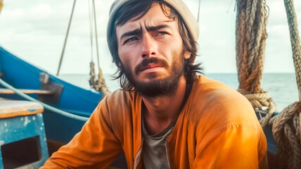 Sea fisherman in a boat. Young man working in the seafood industry. Portrait on a small fishing boat.