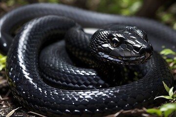 Imagine you are in a dense forest, and you've just come across a striking black snake with glistening scales. Its slender body is coiled gracefully, design