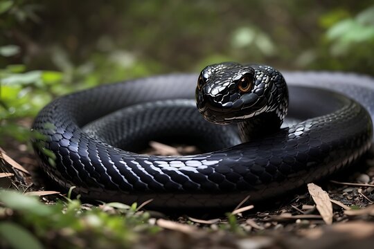 Imagine you are in a dense forest, and you've just come across a striking black snake with glistening scales. Its slender body is coiled gracefully, exotic
