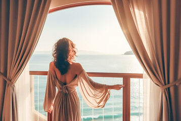 Rear view of woman opens curtains, relaxes and looks at beautiful panorama of seascape with rays of sunlight while on vacation on balcony in high quality hotel, feeling happy. - obrazy, fototapety, plakaty