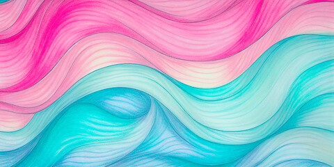 Pink and green waves abstract colorful background. Wavy texture in pink, emerald for copy space. Water waves ripples cartoon, feminine wavy illustration for teenage girls