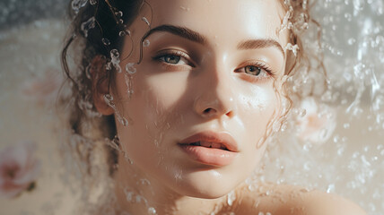A photo of a woman with falling water drops and sunlight. Innocent, neat, elegant. grooming....