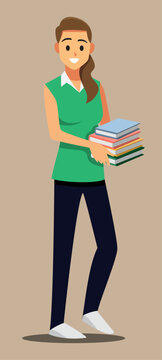 young woman with a stack of books