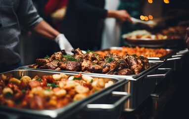Catering buffet food indoor in restaurant or hotel with grilled meat and vegetables. Variety of...