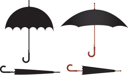 Black Umbrella Vector Set - Open and Closed (Isolated Illustration)