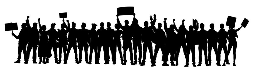 Protesters, enraged crowd of people silhouette. Silhouettes of crowd of people with raised up hands and flags. Iconic protester raised fist isolated