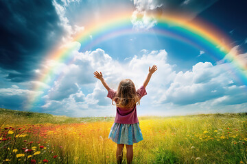 A little girl in a meadow with a rain bow
