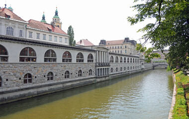 historic palace in neoclassical style in ljubljana City and RIVER ljubljanica in Slovenia Europe
