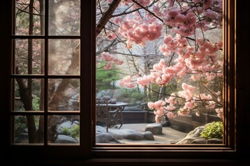 View of cherry blossoms through a window. Generative AI