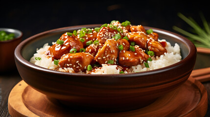 Delicious Chicken Teriyaki Bowl with Rice Isolated on black background