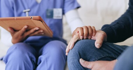 Doctor, hands and patient with tablet in elderly care, support or healthcare advice on living room sofa at home. Closeup of medical nurse with senior and technology for health, trust or wellness - Powered by Adobe