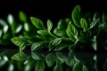 Fototapeta premium ﻿A close-up picture of arugula on a dark background in a studio.. AI Generated