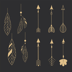 Set golden tribal feathers line art native arrow ethnic indian in doodle style on dark background. Geometric boho elements.