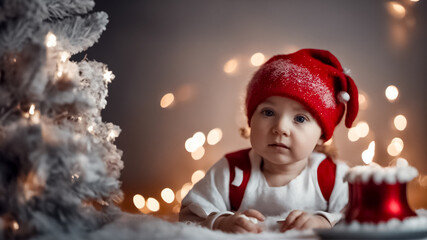 Cartolina di Natale, bambino con cappello e albero di natale su sfondo bokeh