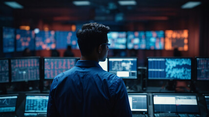 The power of digital technology with a focus on a software engineer utilizing a computer with lines of code, data analysis, and AI algorithms to improve business operations