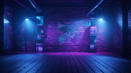 A studio space with a brick wall texture pattern, a blue and purple background, neon lights, laser...