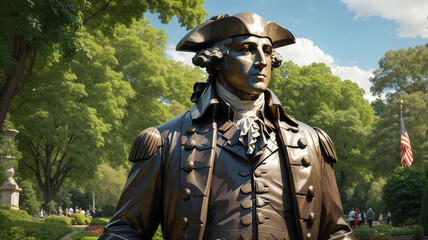 A majestic statue of George Washington stands - obrazy, fototapety, plakaty