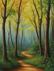 Obraz premium Morning in the forest. Oil painting. Generative AI.
