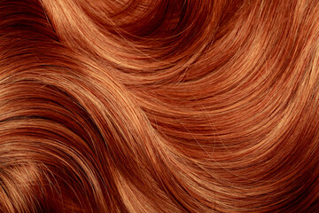 Red hair close-up as a background. Women's long orange hair. Beautifully styled wavy shiny curls. Hair coloring bright shades. Hairdressing procedures, extension.