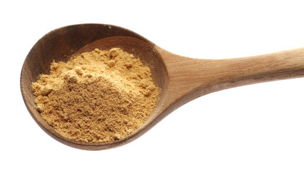 Close up ginger ground in wooden spoon isolated on white, side view 