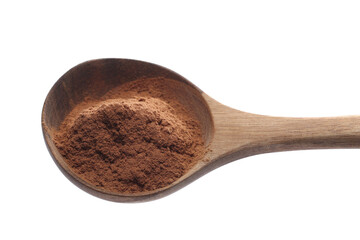 Pile cinnamon powder in wooden spoon isolated on white