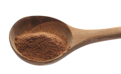Pile ground, milled nutmeg powder in wooden spoon isolated on white, clipping