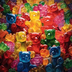 Fototapeta na wymiar Sweet tasty gummy bears in a pile. Close up view. Generative AI.