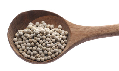 Grain white pepper pile, peppercorn whole in wooden spoon isolated on white 