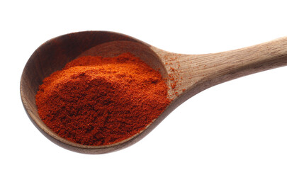 Pile of red paprika ground in wooden spoon isolated on white,  clipping