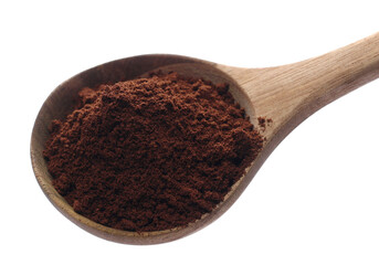 Pile ground coffee in wooden spoon isolated on white, side view  