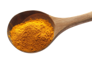 Turmeric powder pile in spoon isolated on white, clipping 