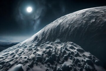 ﻿A distant view of the freezing moon Triton, with its unique water spouts and icy scenery.. AI Generated