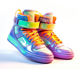 Colorful fancy futuristic sneakers athletic shoes footwear. Generated AI illustration image. Future fashion concept