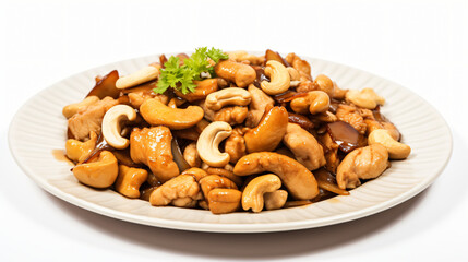 Obraz na płótnie Canvas Delicious Plate of Cashew Chicken Isolated on a White background