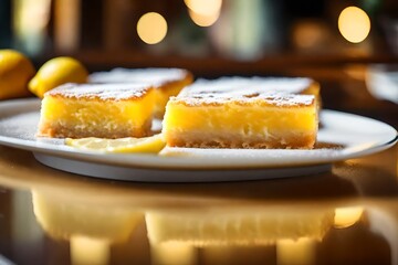 ﻿The camera zooms in on Lemon Bars, while in the background you can see a pretty restaurant.. AI Generated