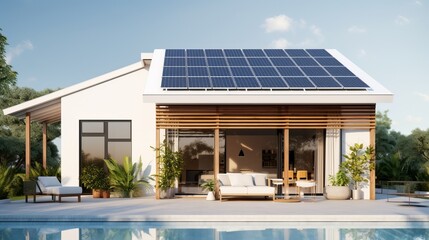 solar panel on roof, minimal house or home with self sufficient and sustainable design