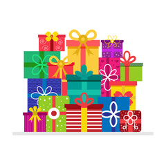 Gift Christmas present stack. Colourful group box with ribbon. Holiday xmas giftbox stack